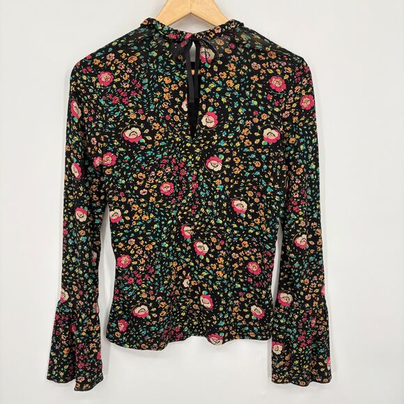 Topshop Floral Bell Sleeve Stretch Knit Boho Top Sz 2, Tie Back Hippie Whimsical - Picture 3 of 10